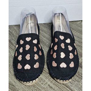 Coldwater Creek Black Espadrille Flats with Rose Gold Heart Embroidery